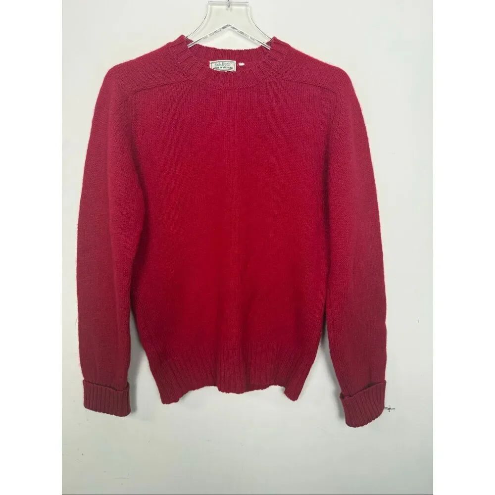 L.L.Bean Red 100% Wool Sweater Made in Ireland Crewneck Classic Cozy Warm Knit P